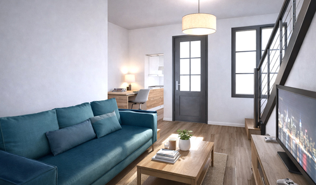 Vue aménagement pièce à vivre appartement Type 2 Duplex de 25 m2 avec terrasse à vendre sur Tours Centre | Vente 37.fr