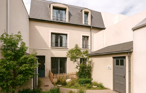 vue facade arrière avec cour intérieure residence pierre du centre avec appartement Type 3 de 60 m2 avec terrasse pour investir ou habiter sur Tours Centre