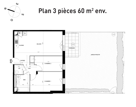 image plan appartement type 3 de 60 m2 avec jardin et terrasse pour investir sur saint-cyr-sur-loire