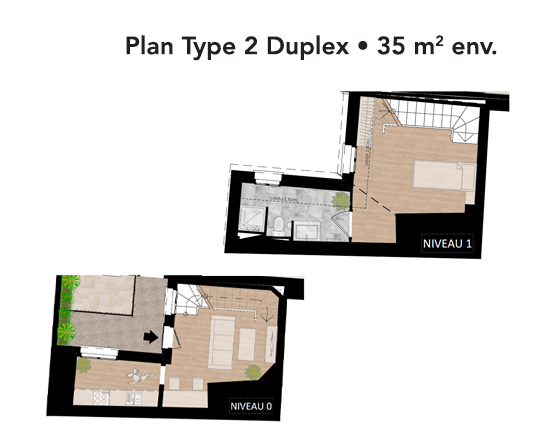 image plan appartement type 2 duplex de 35 m2 avec terrasse pour investir ou habiter sur Tours Centre dans une résidence rénovée