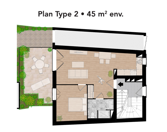 image plan appartement type 2 de 45 m2 avec terrasse pour investir ou habiter sur Tours Centre dans une résidence rénovée