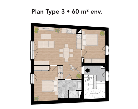 image plan appartement type 3 de 60 m2 avec terrasse pour investir ou habiter sur Tours Centre dans une résidence rénovée