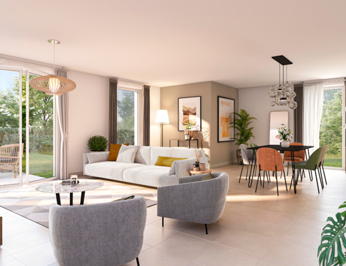 vue exemple amenagement salon sejour appartement Type 3 de 60 m2 avec terrasse et jardin pour investir sur saint-cyr-sur-loire